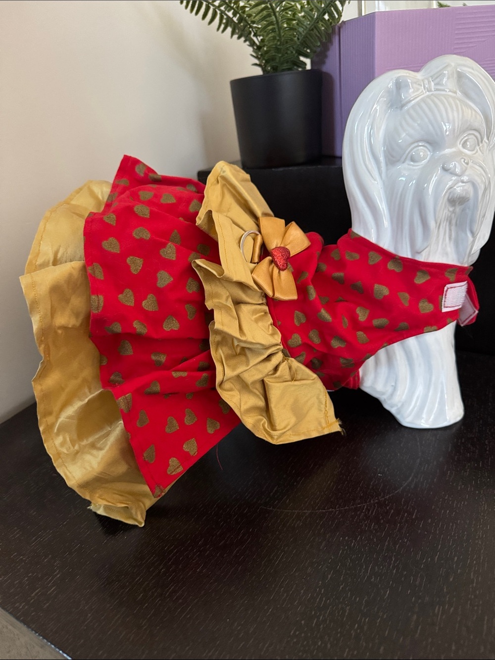 Red and Gold Ruffle formal Dog Dress w Rhinestone D Ring